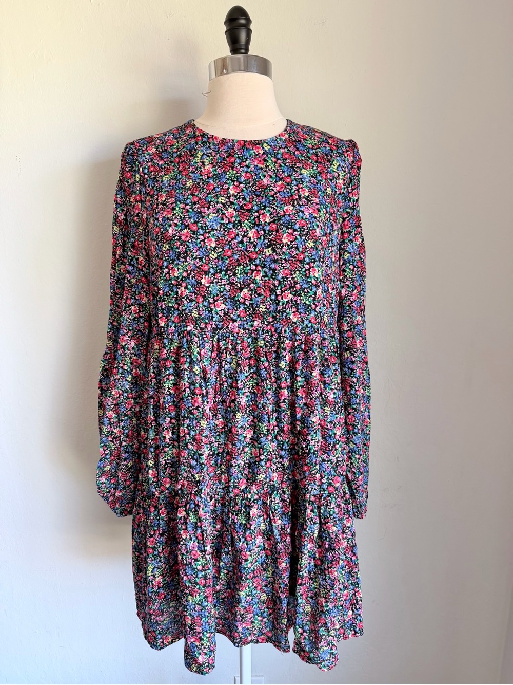 Melrose & Market Allover Floral Long-Sleeve Tiered Mini Dress - Pink & Blue, NWT